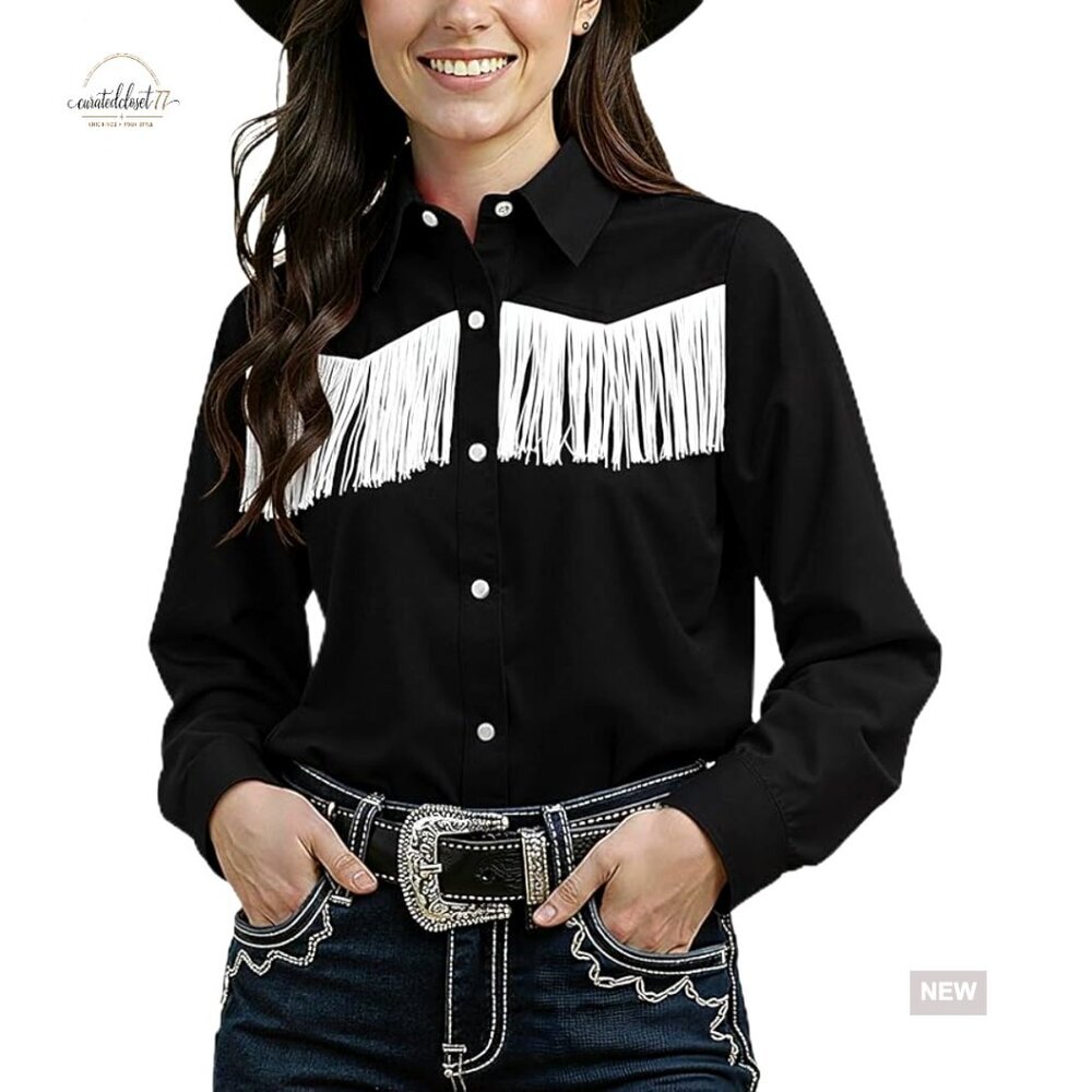 Western Fringe Pearl Snap Button Down Shirt Long Sleeve Cowgirl